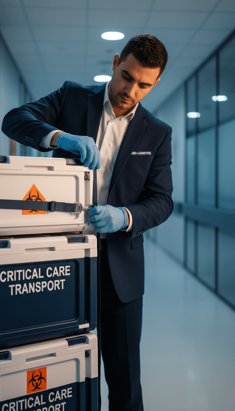 Professional RIDEWELL CARGO LLC driver securing medical cargo for transport