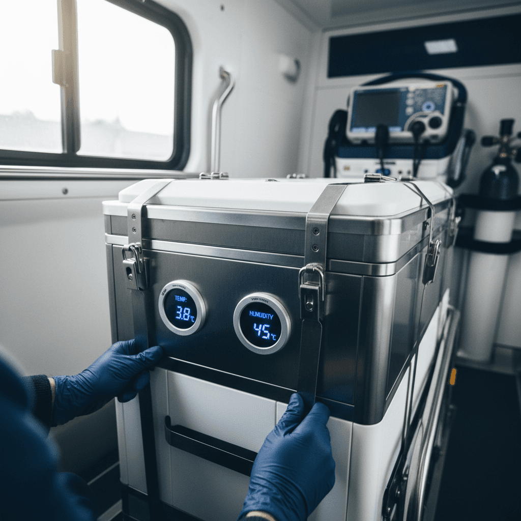 Organ and tissue transport container being secured in medical vehicle