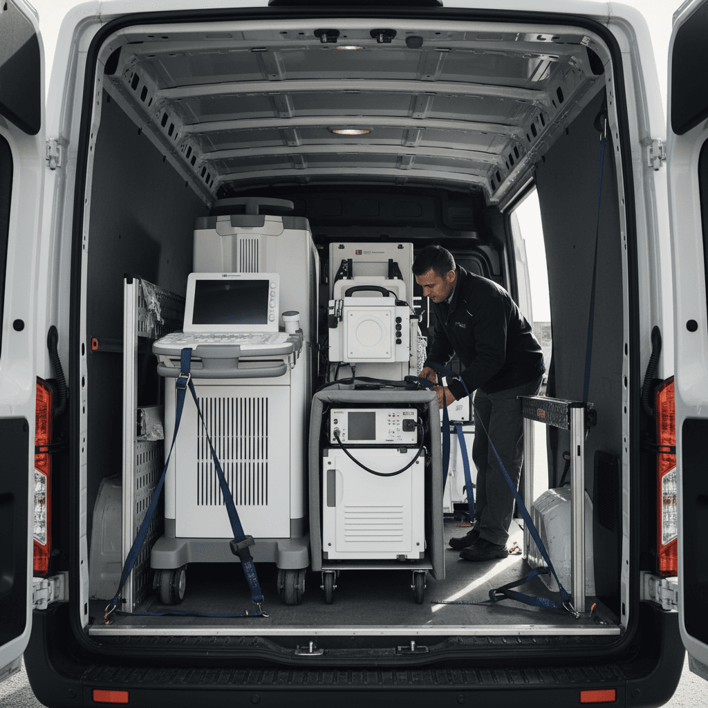 High-value medical equipment secured in transport vehicle